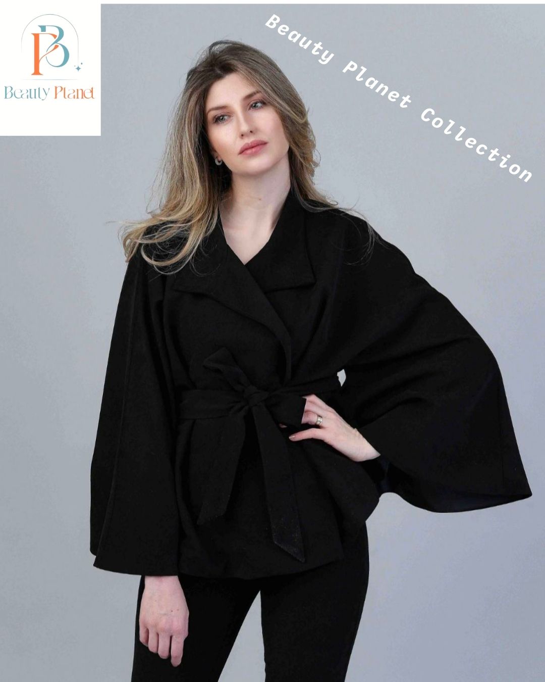 Black Wide Sleeve Tie-Waist Jacket - Image 5