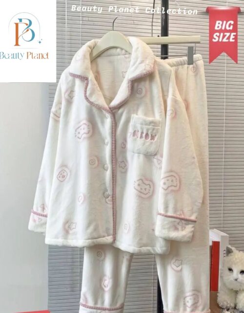 BIG SIZE Cat Print Fleece Pyjama Set