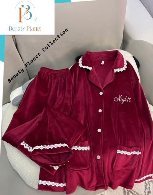 Red Velvet Button-Up Pyjama Set with Lace