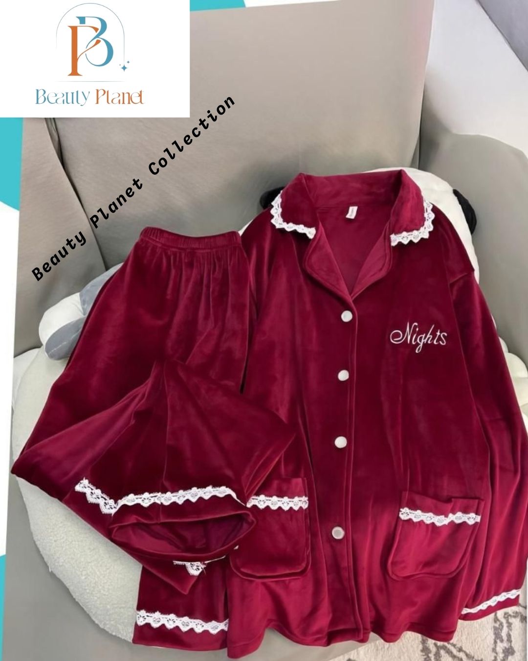 Red Velvet Button-Up Pyjama Set with Lace