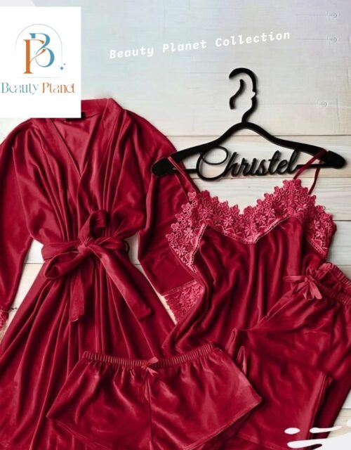 4-Piece Velvet/Satin Lace Pyjama Set