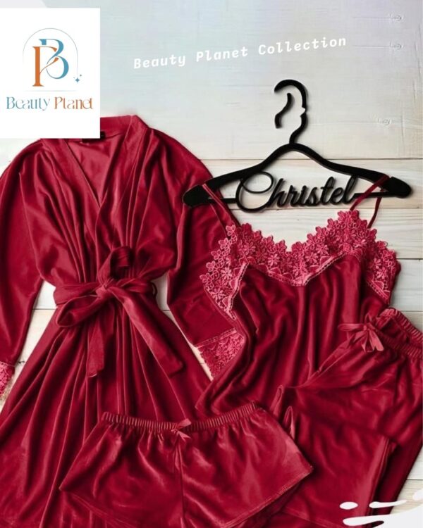 4-Piece Velvet/Satin Lace Pyjama Set