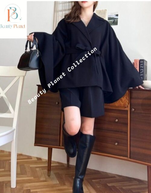 Black Wide Sleeve Tie-Waist Jacket