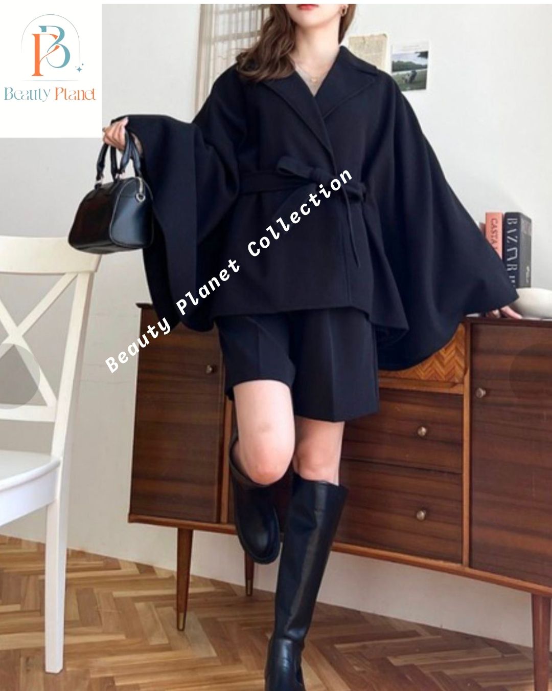 Black Wide Sleeve Tie-Waist Jacket