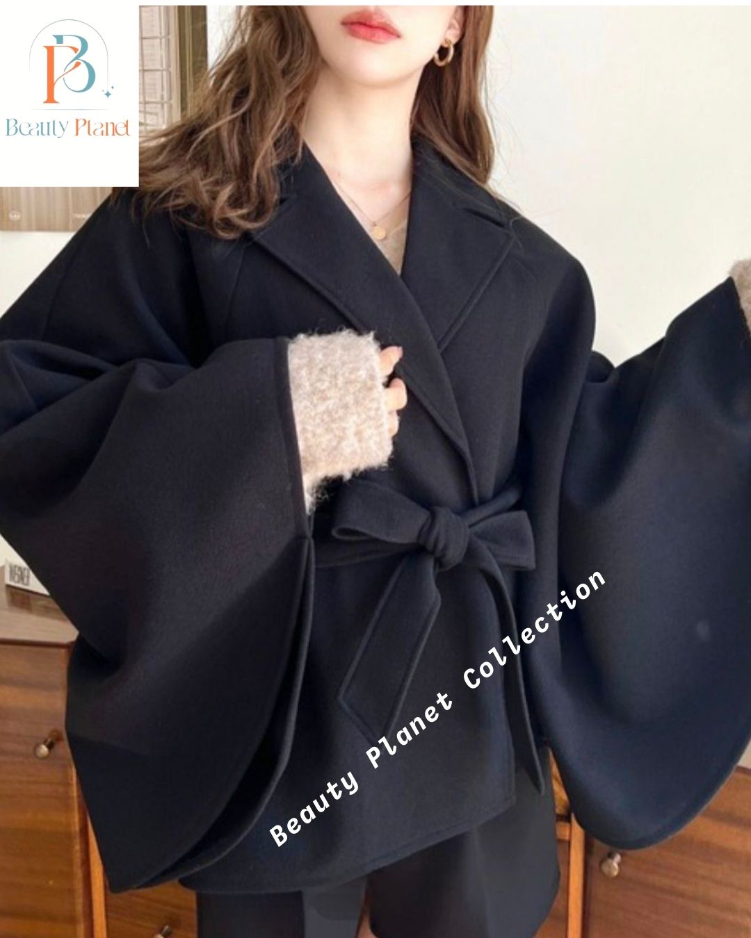 Black Wide Sleeve Tie-Waist Jacket - Image 3