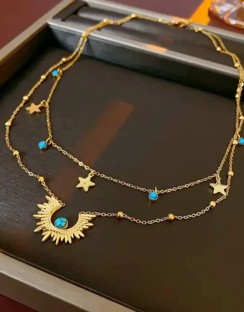 Layered Sun and Star Charm Necklace with Turquoise Accents