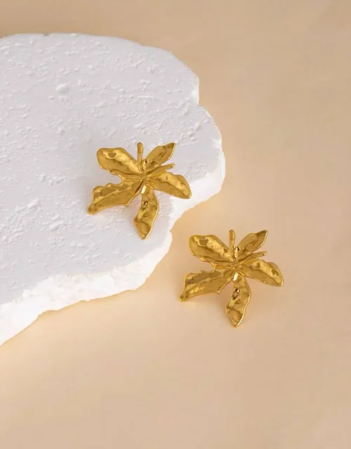 Gold Plated Textured Leaf Stud Earrings