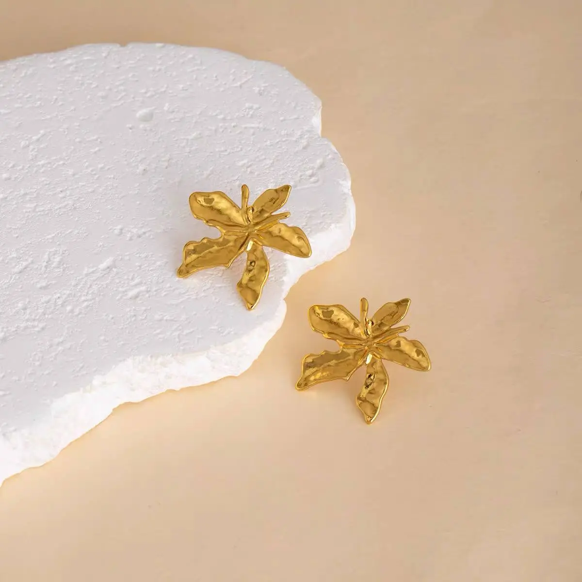 Gold Plated Textured Leaf Stud Earrings