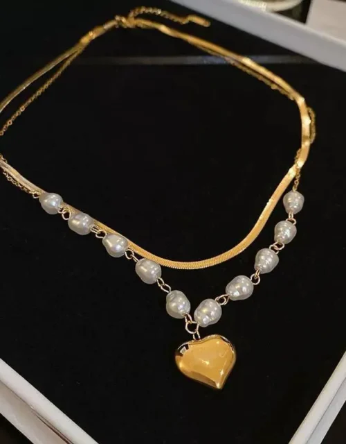 Layered Snake Chain and Pearl Heart Necklace