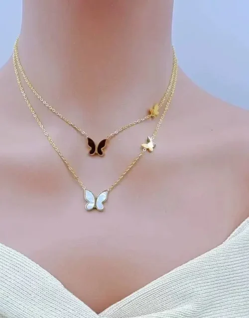 Layered Butterfly Necklace with Enamel Accents