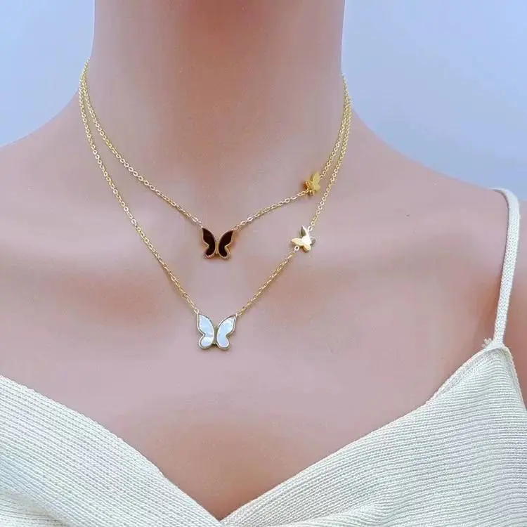 Layered Butterfly Necklace with Enamel Accents