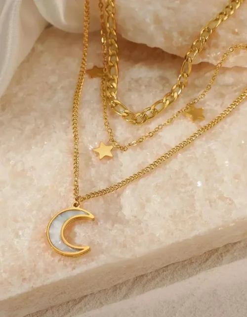 Triple Layered Celestial Moon and Star Necklace