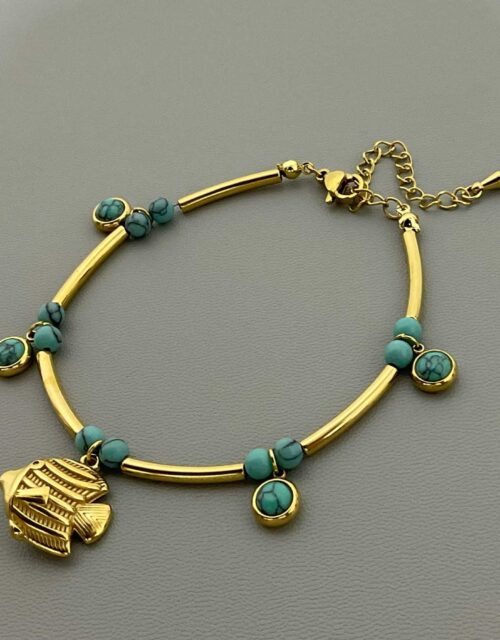 Gold Plated Fish Charm & Turquoise Beaded Bracelet