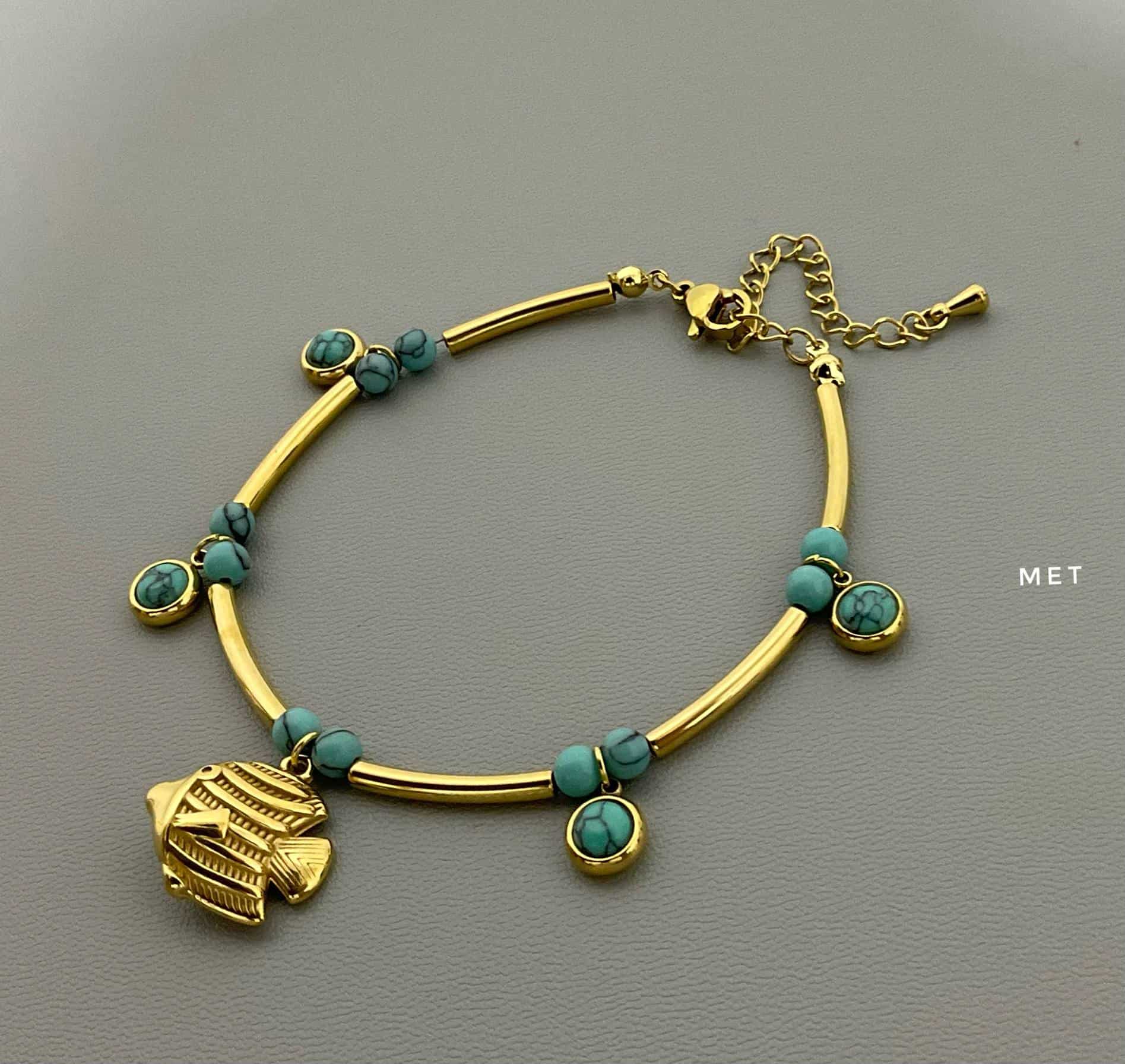 Gold Plated Fish Charm & Turquoise Beaded Bracelet