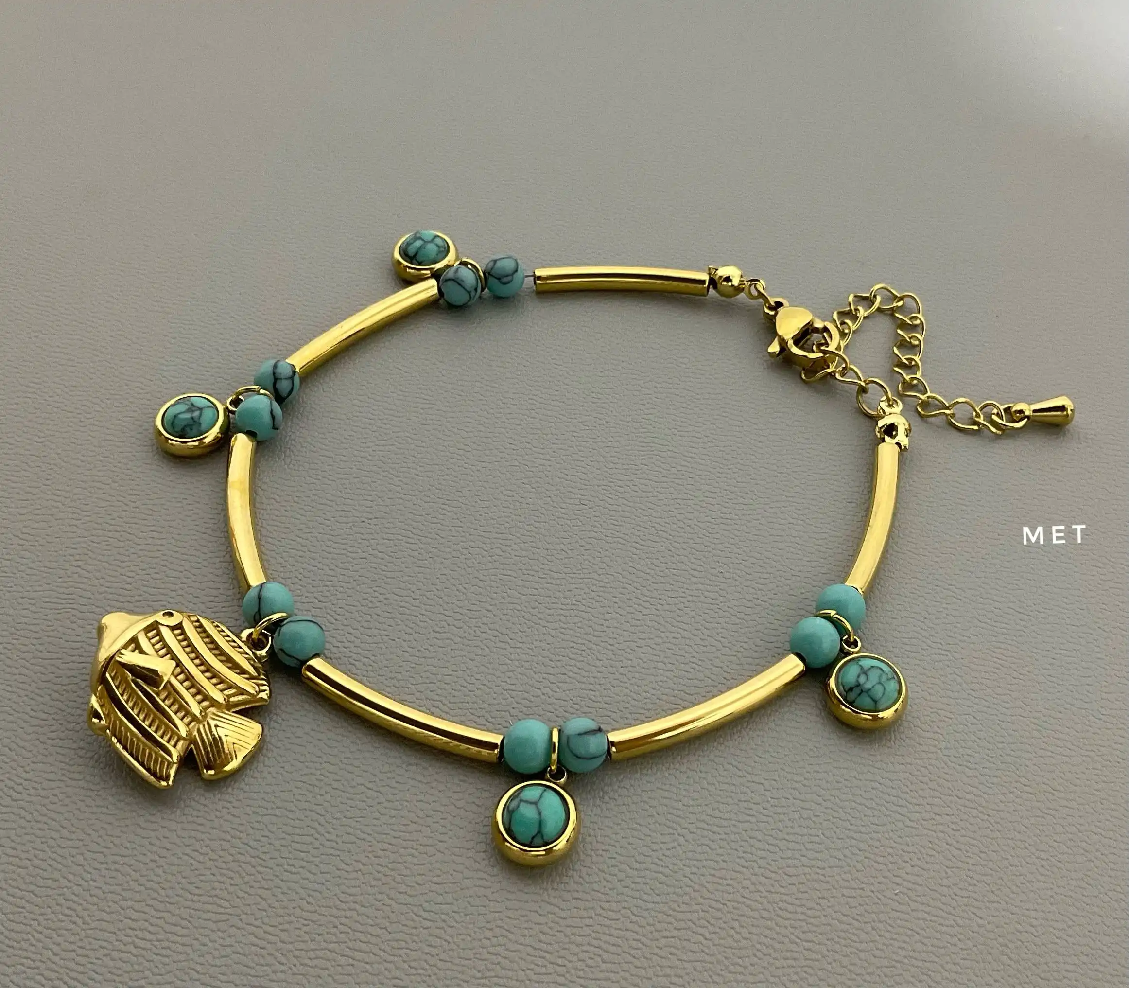 Gold Plated Fish Charm & Turquoise Beaded Bracelet - Image 3