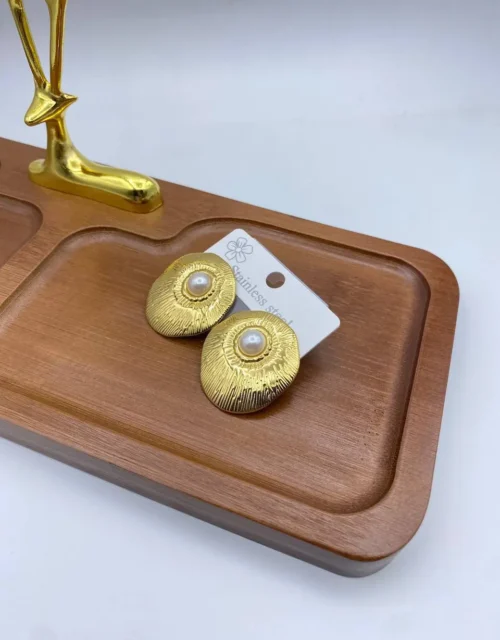 Gold Plated Textured Oval Stud Earrings with Pearl Accent