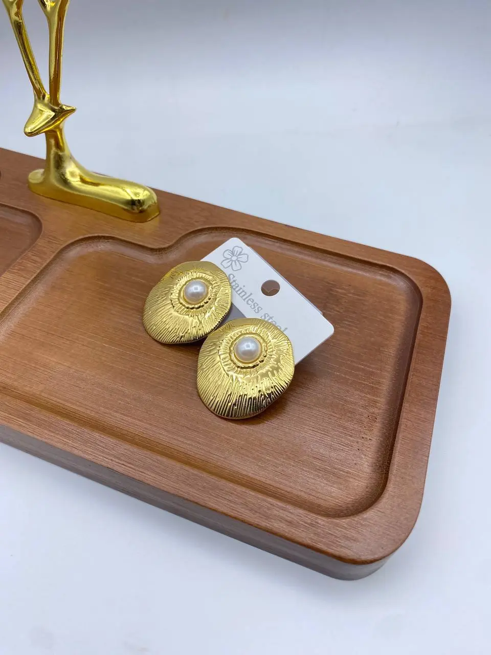 Gold Plated Textured Oval Stud Earrings with Pearl Accent