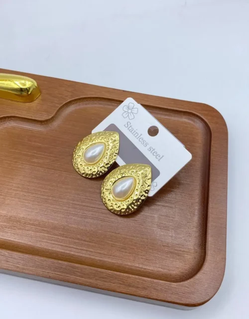 Gold Plated Textured Teardrop Stud Earrings with Pearl