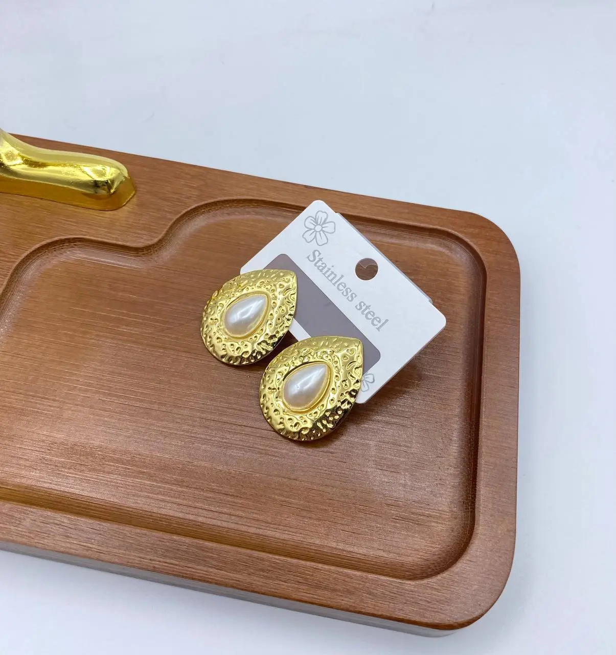 Gold Plated Textured Teardrop Stud Earrings with Pearl