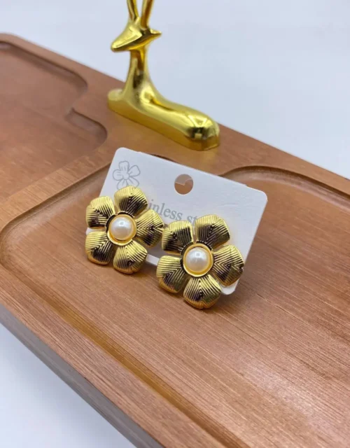Gold Plated Flower Stud Earrings with Central Pearl