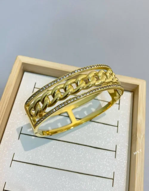 Gold Plated Double Row Bangle with Pave Cuban Chain Insert
