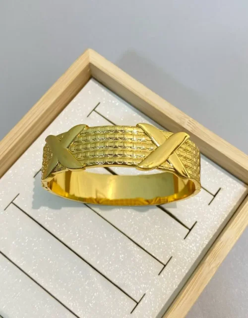 Gold Plated Wide X-Pattern Bangle