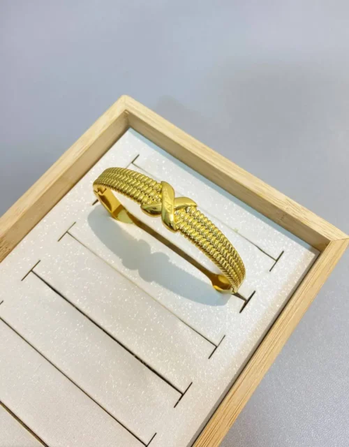 Gold Plated Woven Cuff Bangle with X-Knot Center