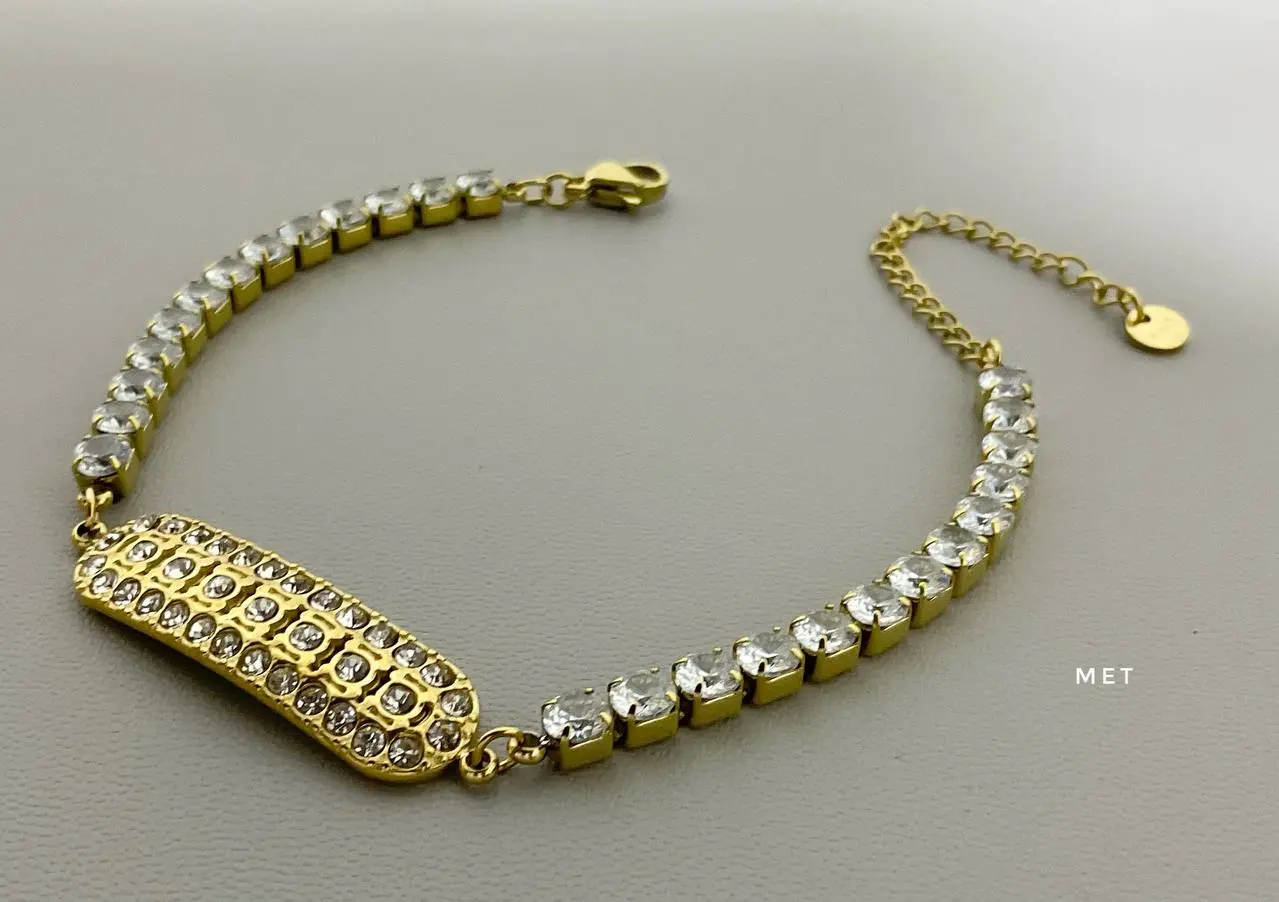 Gold Plated Crystal Chain and Pave Charm Bracelet