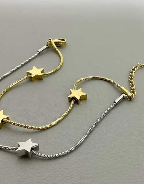 Gold & Silver-Toned Nail Bangle Bracelet with Star Motifs