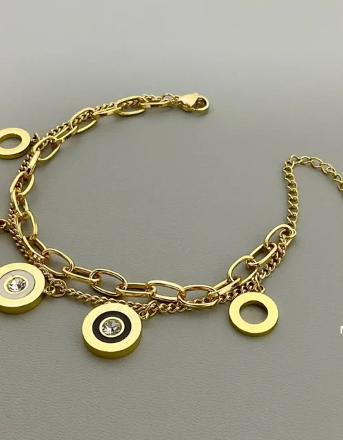 Gold Plated Multi-Chain Charm Bracelet with Black & Crystal Inlay