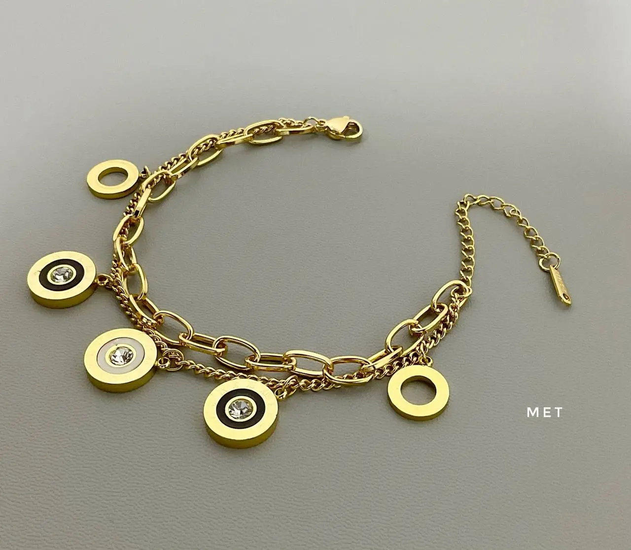 Gold Plated Multi-Chain Charm Bracelet with Black & Crystal Inlay