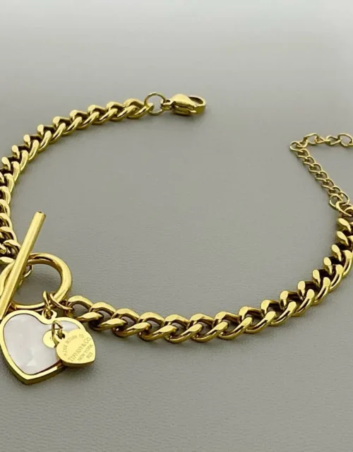 Gold Plated Curb Chain Toggle Bracelet with Mother-of-Pearl Heart Charm