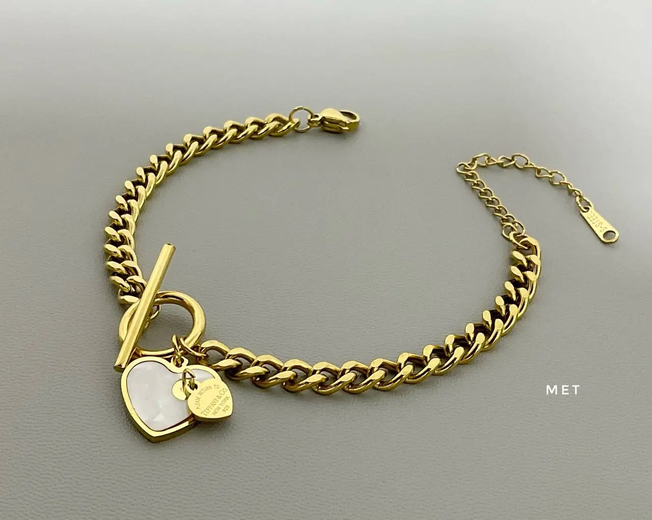 Gold Plated Curb Chain Toggle Bracelet with Mother-of-Pearl Heart Charm