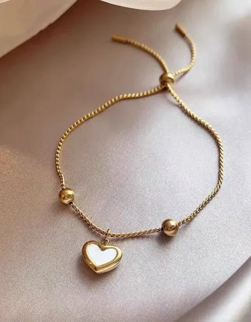 Gold Plated Adjustable Bolo Bracelet with Mother-of-Pearl Heart Charm
