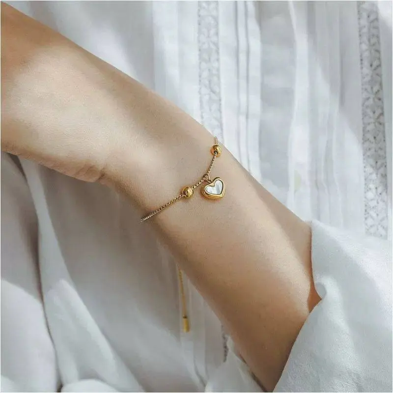 Gold Plated Adjustable Bolo Bracelet with Mother-of-Pearl Heart Charm - Image 3