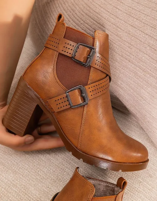 Cross-Strap Block Heel Ankle Boot