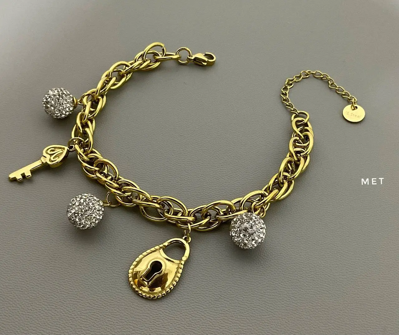 Gold Chain Bracelet with Pave Crystal Center Link