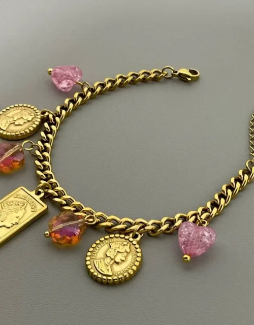 Gold Plated Curb Chain Bracelet with Coin and Crystal Charms