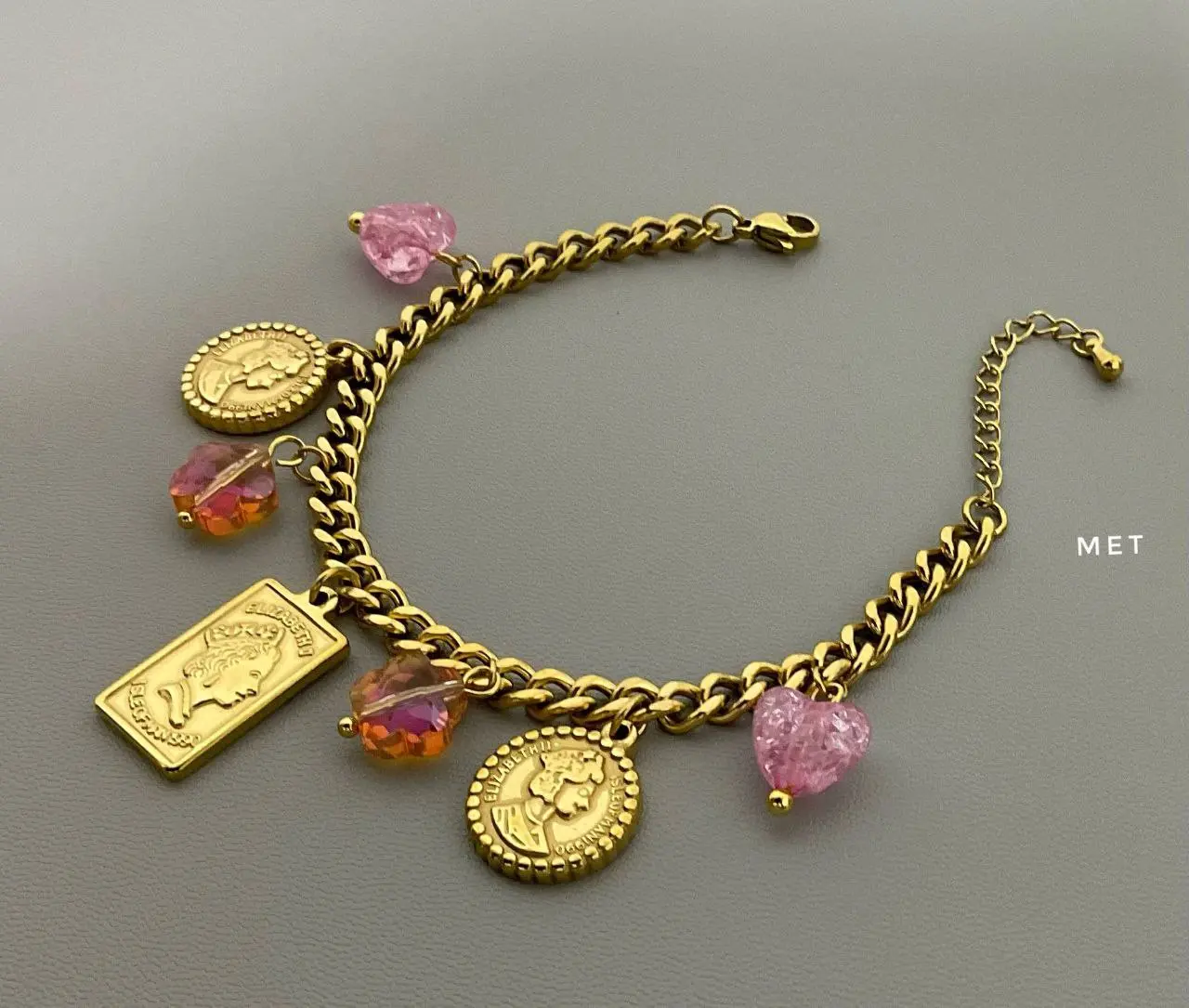 Gold Plated Curb Chain Bracelet with Coin and Crystal Charms