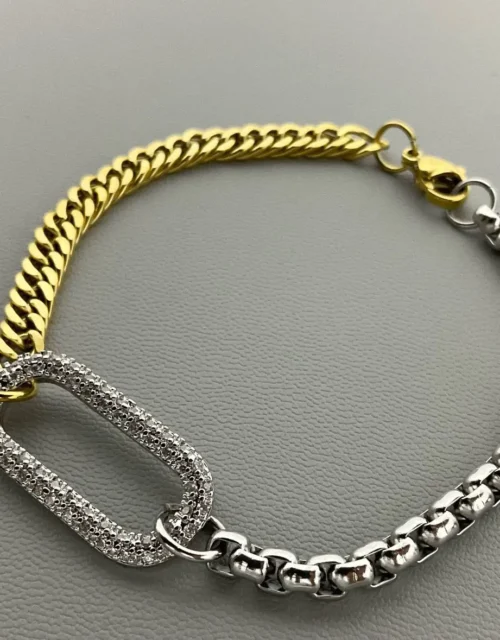 Gold & Silver Two-Tone Chain Bracelet with Pave Center Link