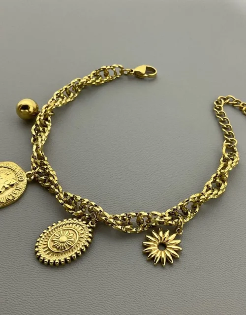 Gold Plated Chain Bracelet with Coin and Sun Charms