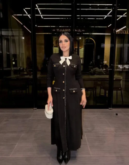 Elegant Black Bow-Detail Buttoned Dress